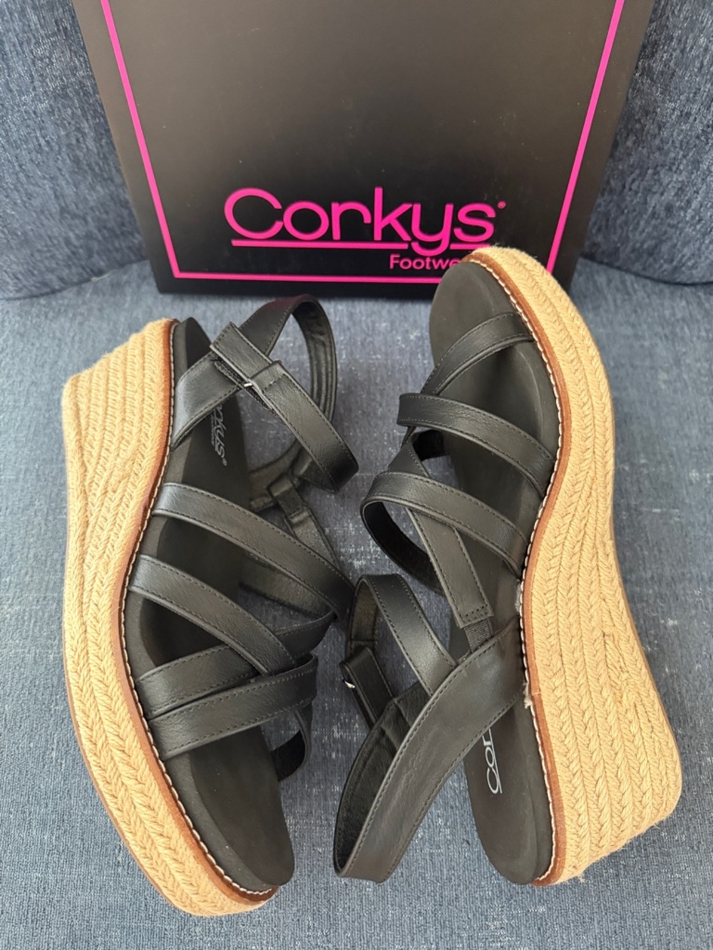Corkys Black Strappy Espadrille Wedge Sandals NEW in Box!